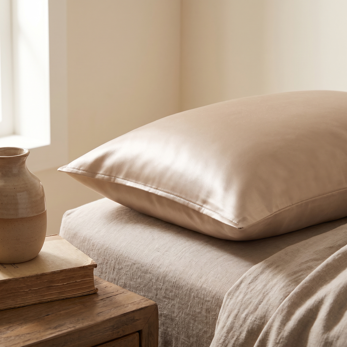 Close view of the smooth satin surface and soft sheen of the Vilde pillowcase