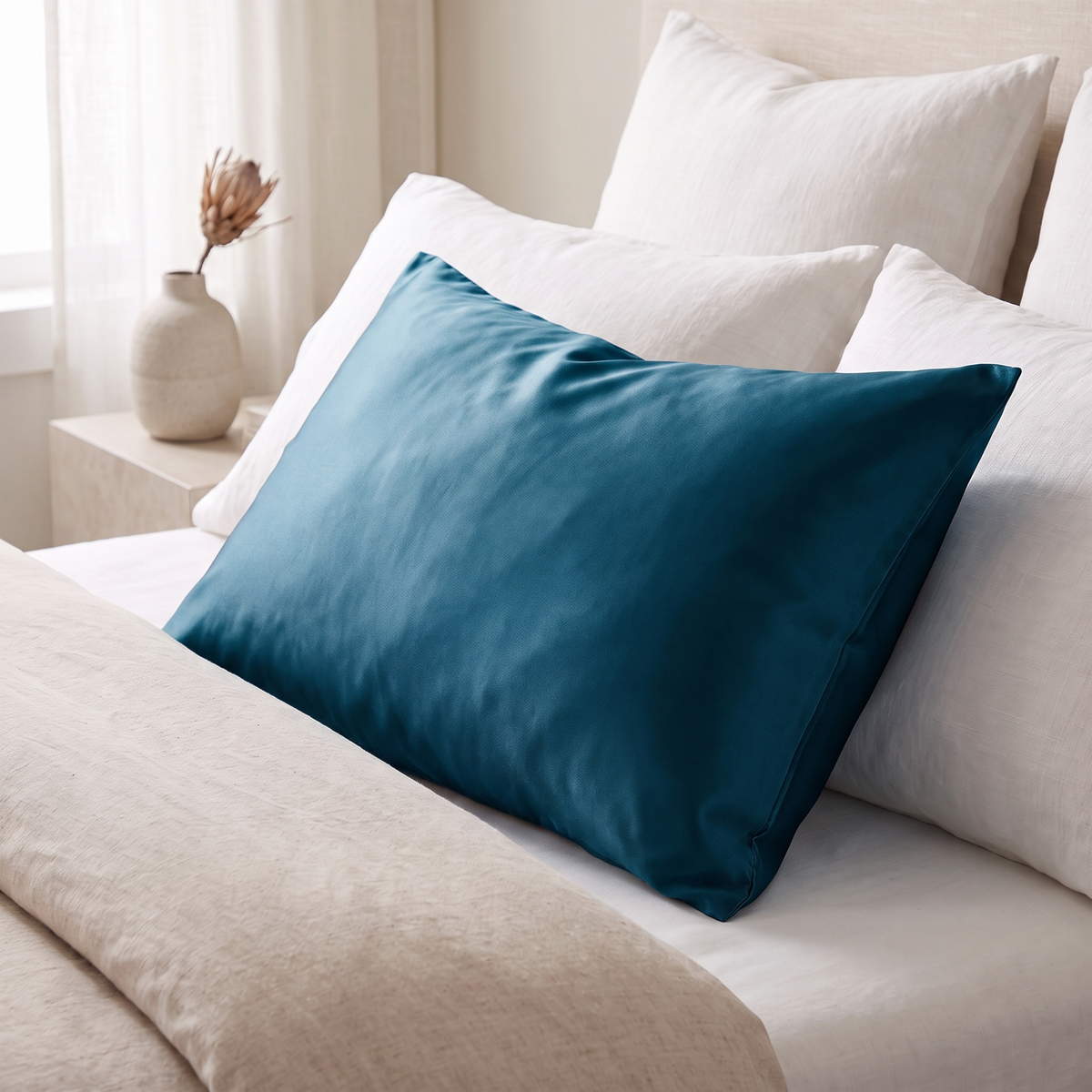 Vilde satin pillowcase in peacock blue