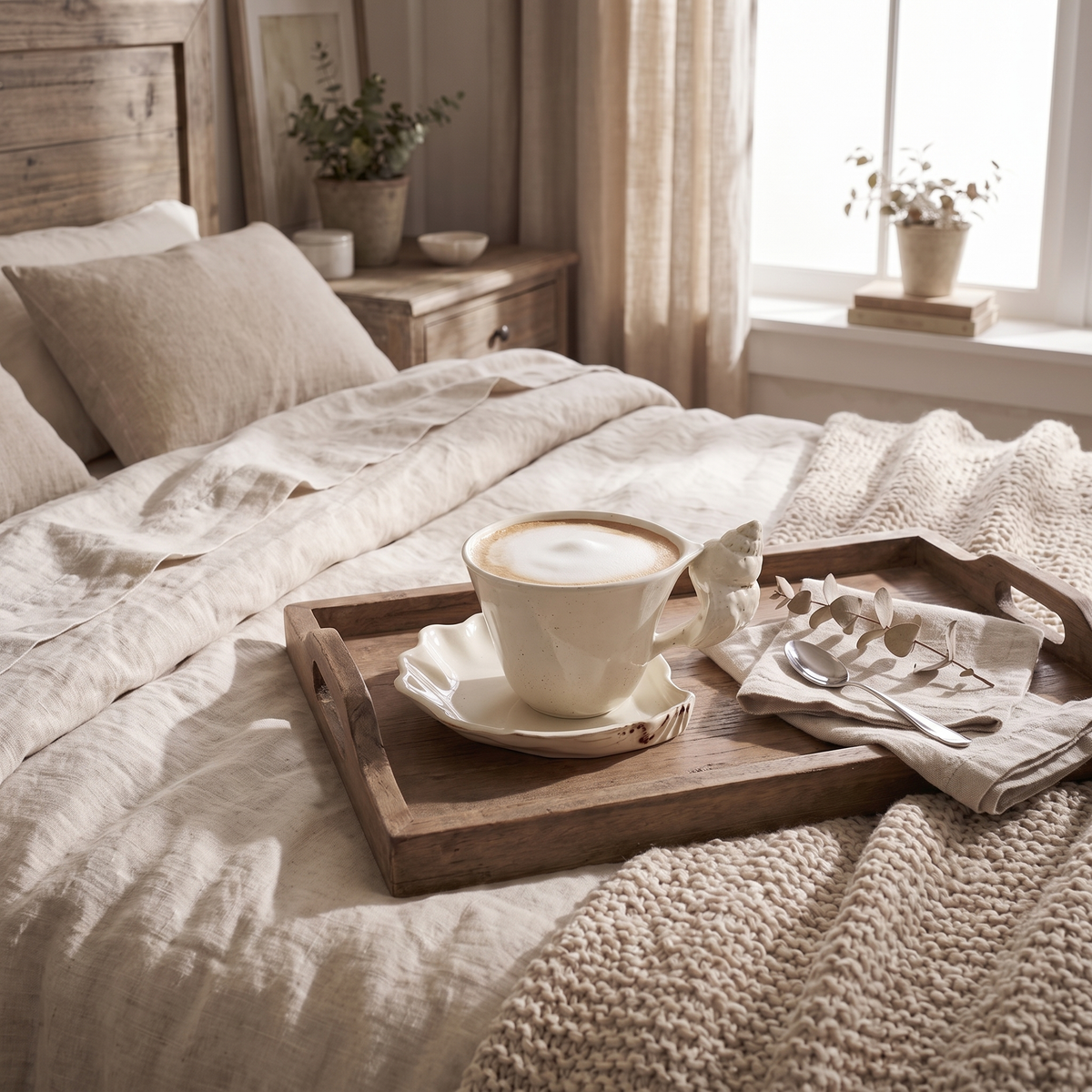 Cup of cappuccino on its shell saucer on a wooden tray on a linen bed