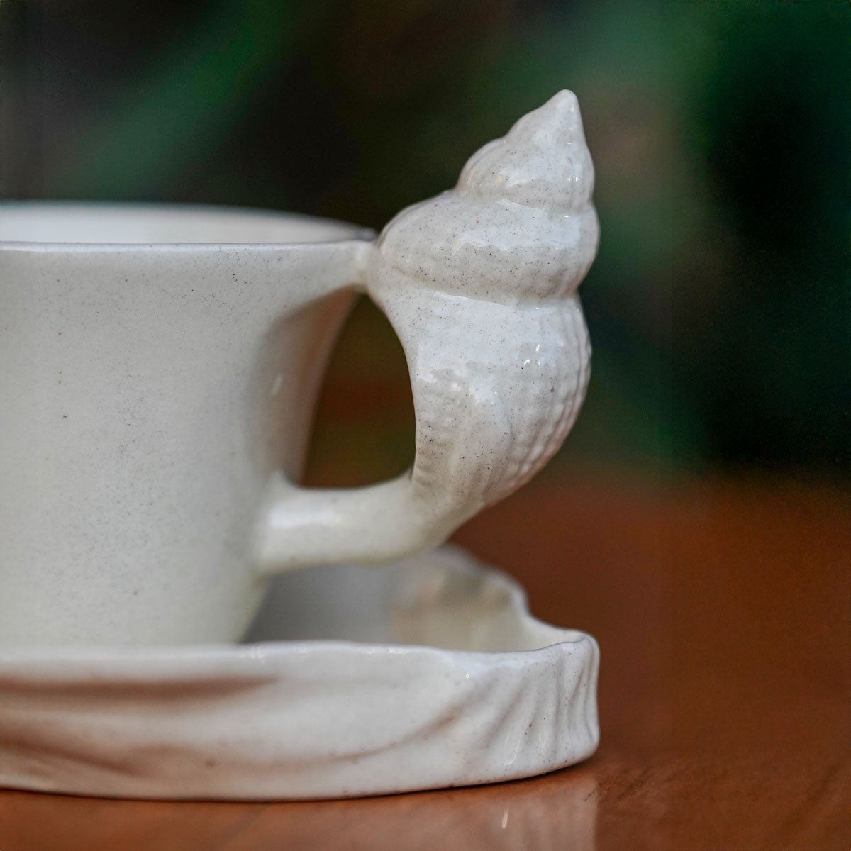 Close view of the conch handle and the ridged edge of the saucer