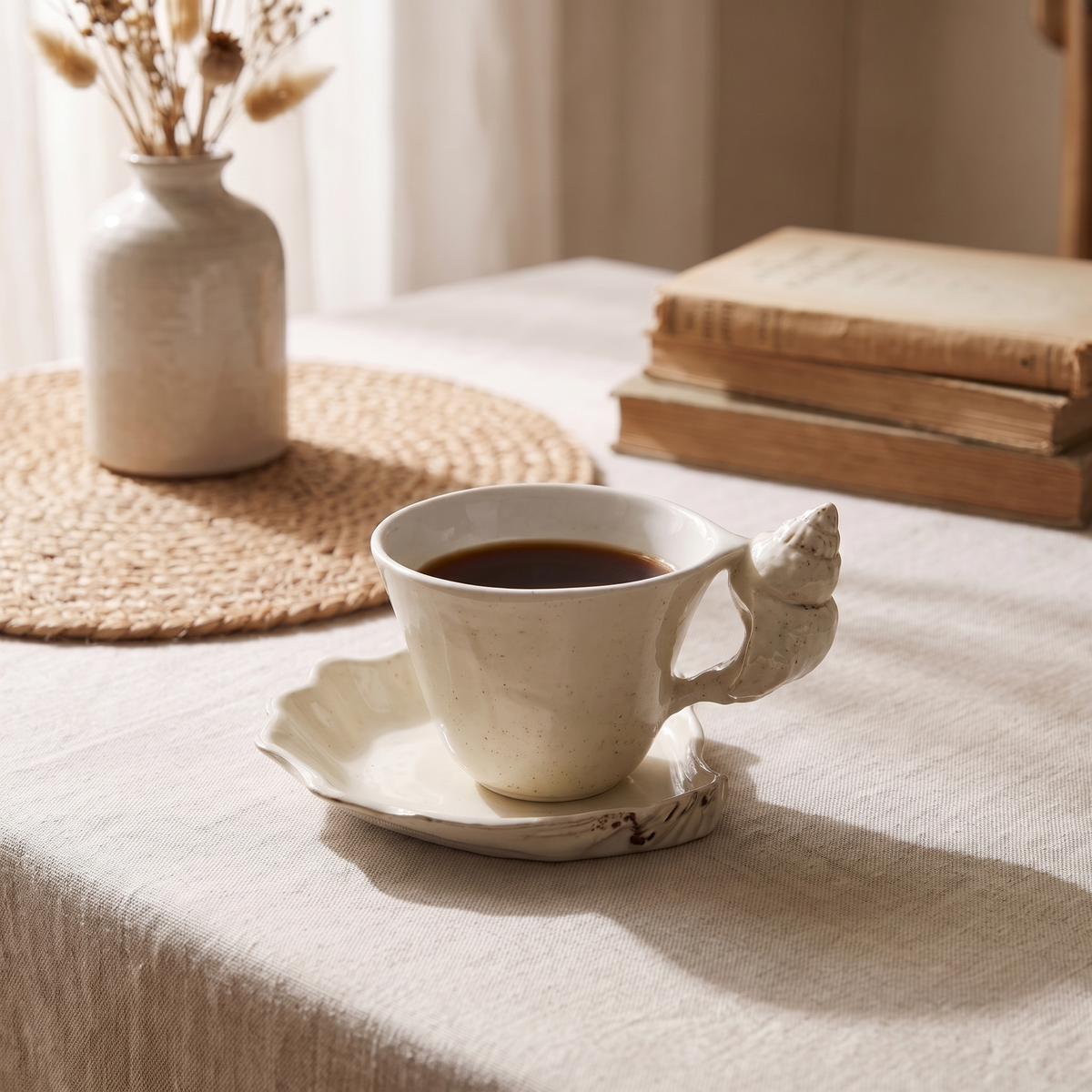 Cream cup and shell saucer with black coffee on a linen covered table beside a woven mat and stacked books