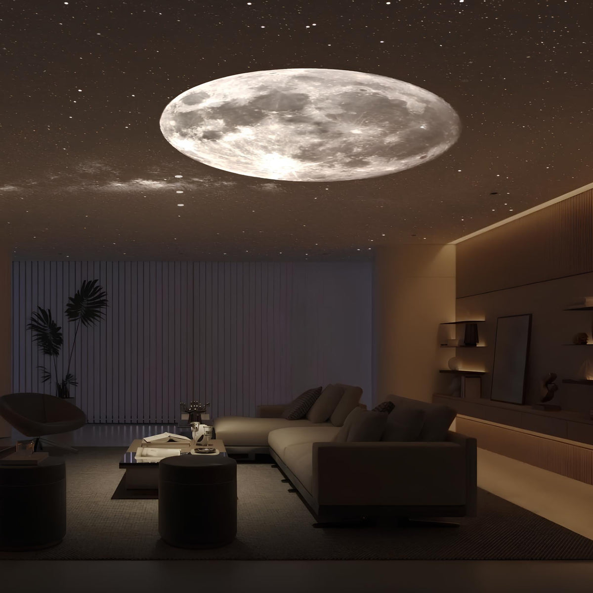Moon projected on a living room ceiling