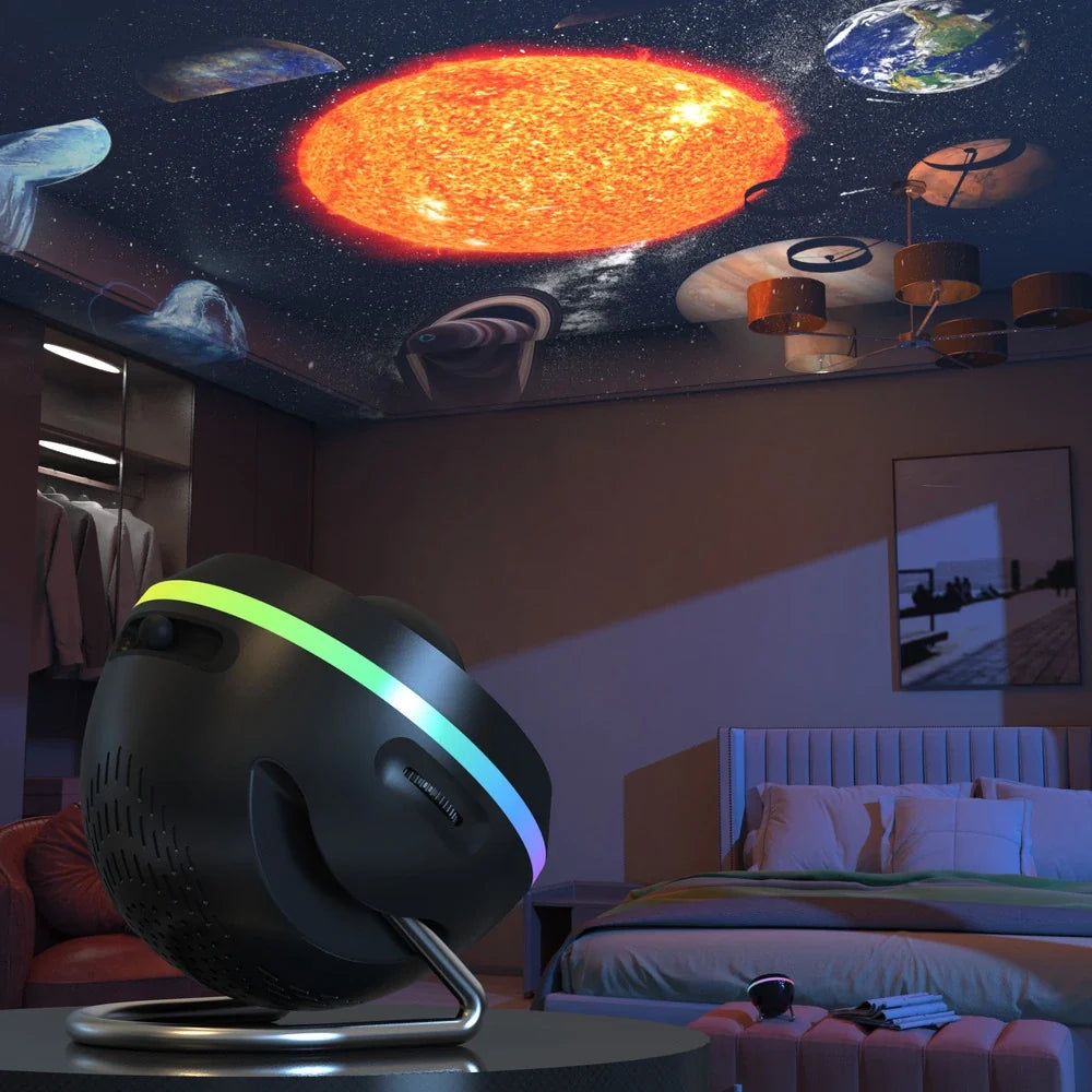 Visby Pro projector casting the sun and planets on a bedroom ceiling