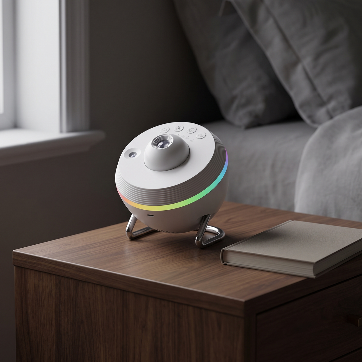 Visby star projector, Pro in White, on a walnut nightstand beside a book