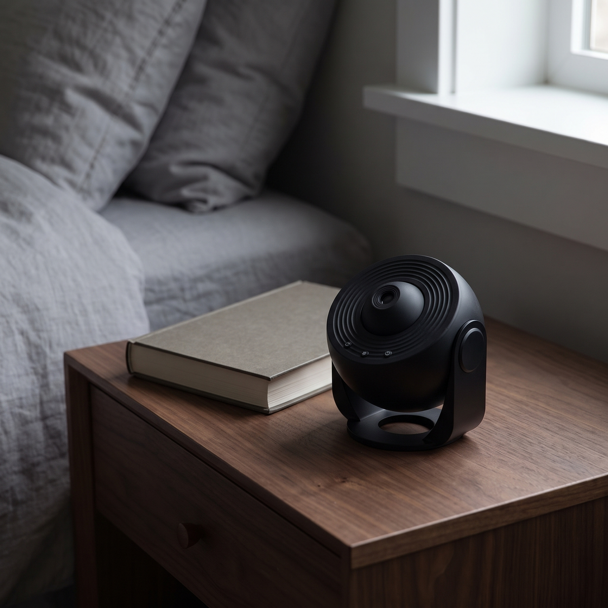 Visby star projector, Standard in Black, on a walnut nightstand beside a book