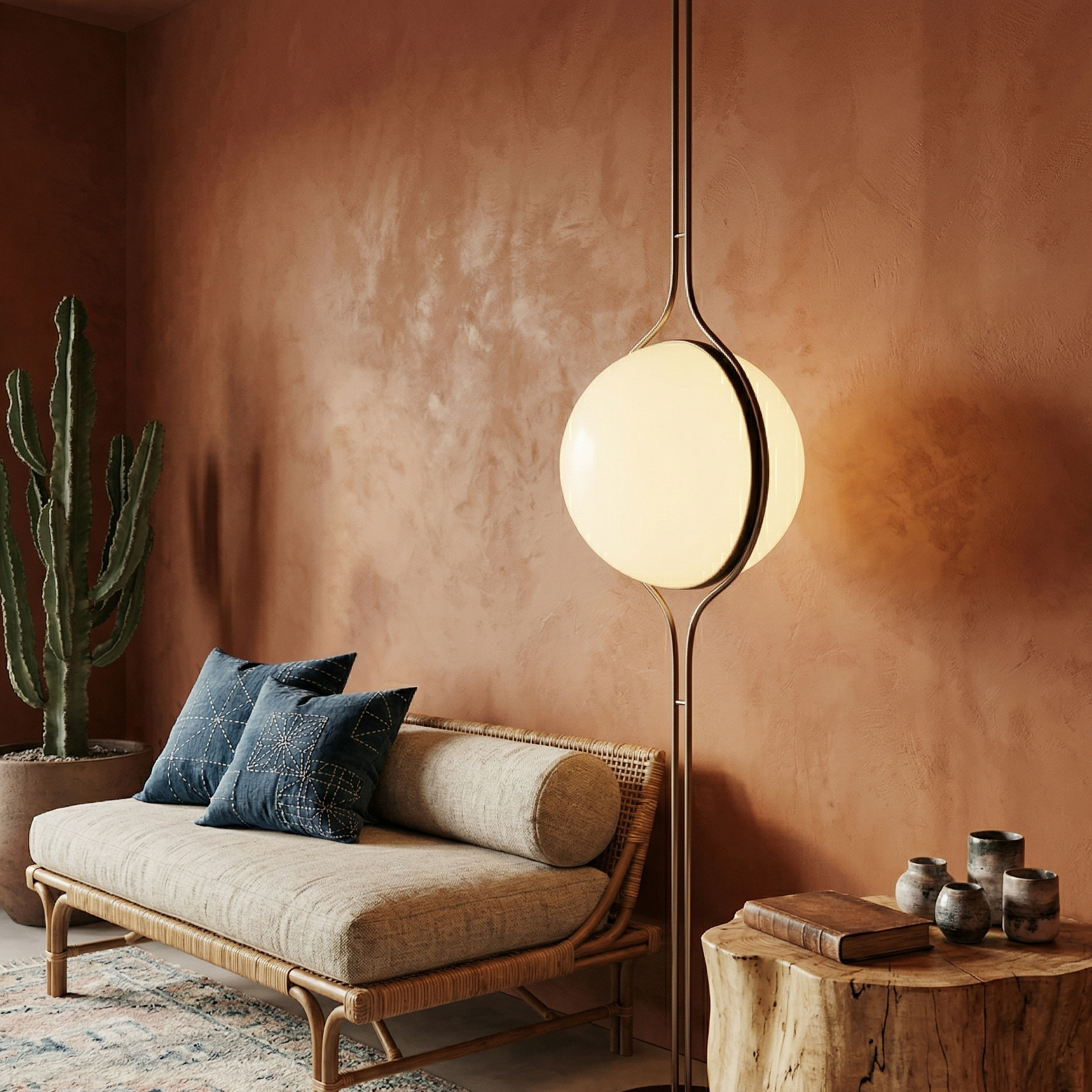 Modern living room with a floor lamp, sofa, and decorative items against a warm brown wall.