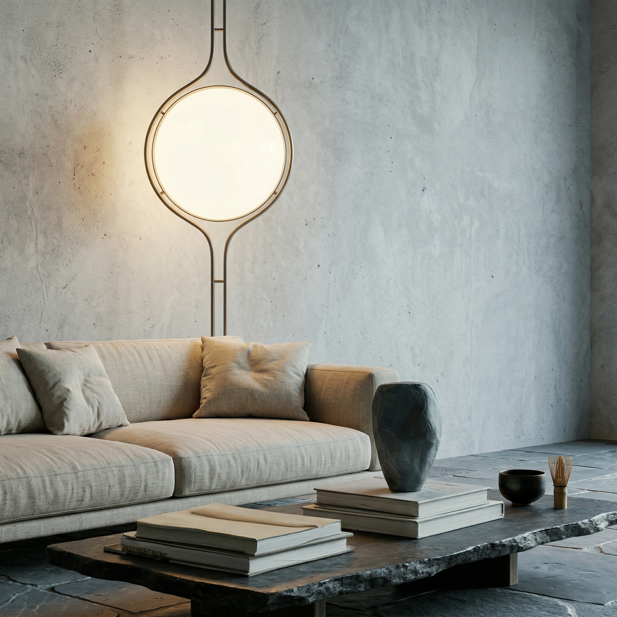 Modern living room with a gray sofa, coffee table, and pendant light.