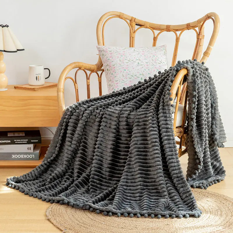 Velvet Pom Fringe Flannel Throw Blanket, Striped