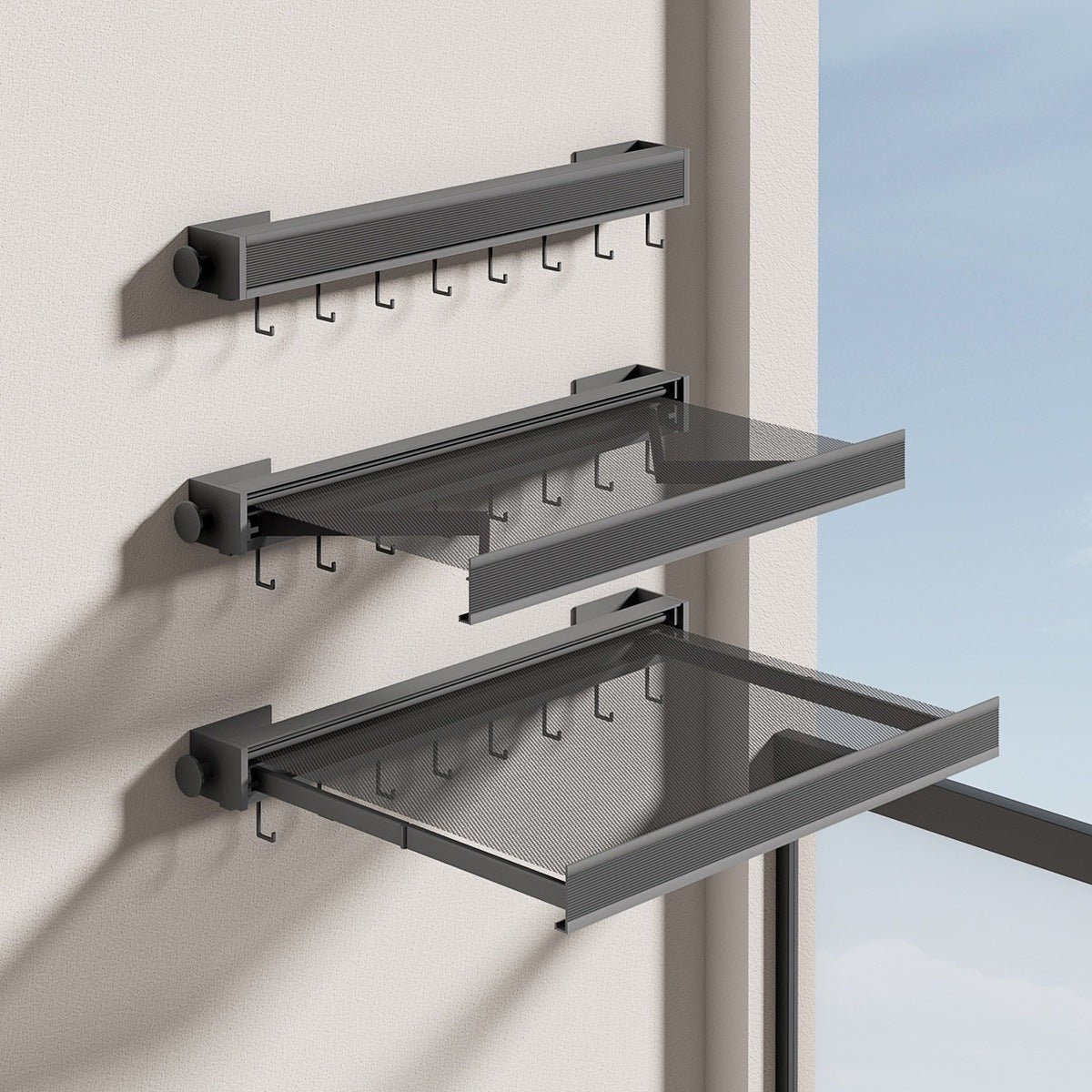 Wall drying rack closed, half open and fully open