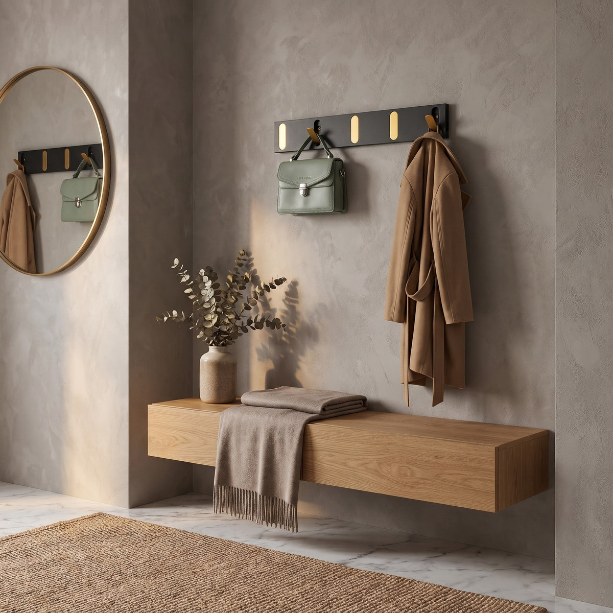 Wall hook rack holding a bag and a coat above an entryway bench
