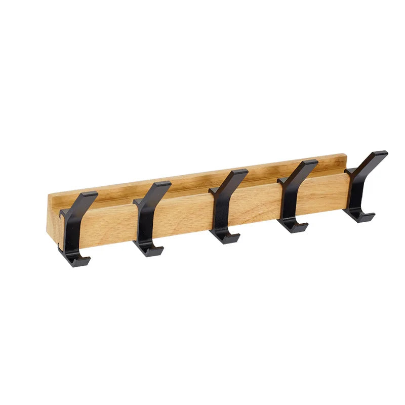 Rubberwood coat rack with five black double hooks, on white