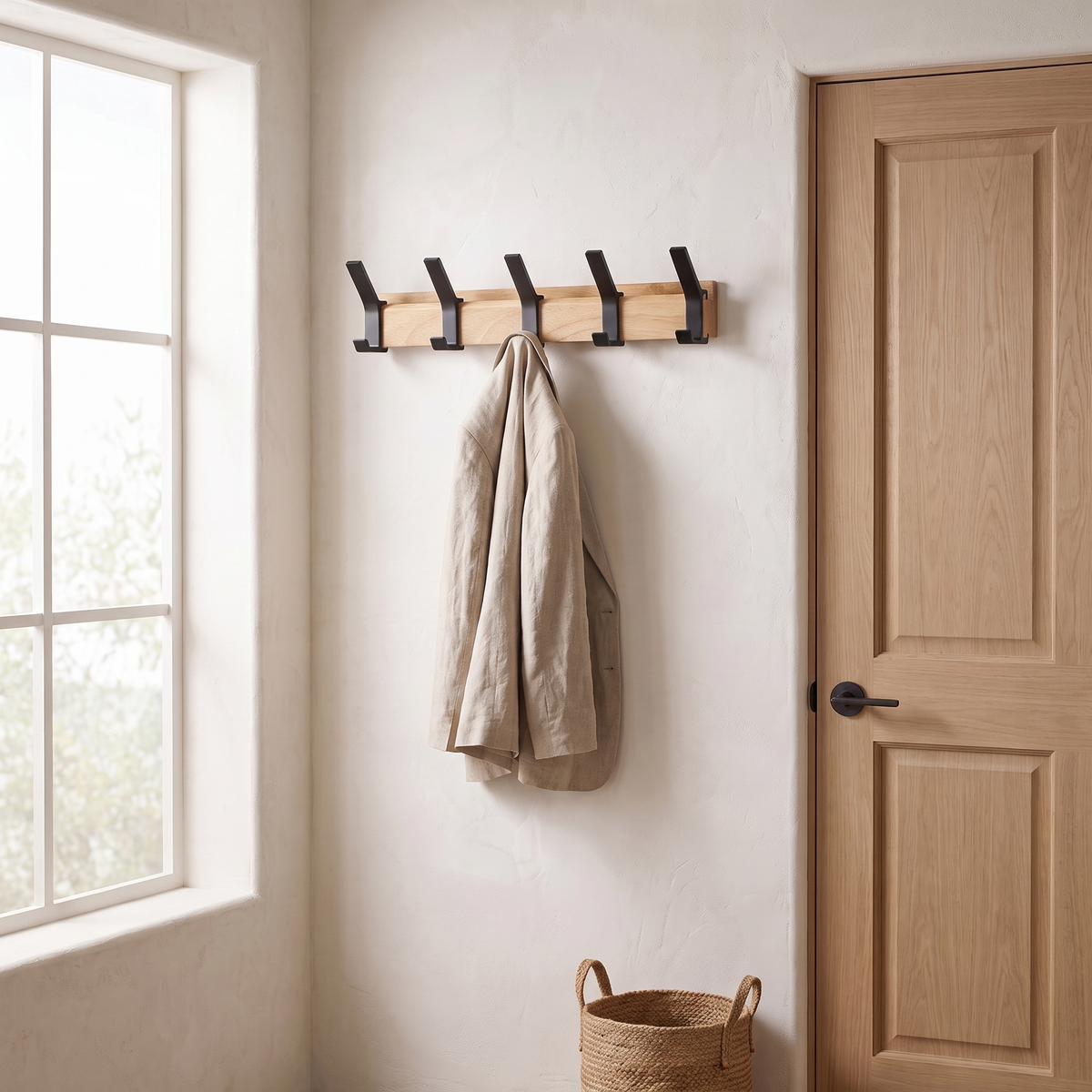 Wall mounted coat rack with rubberwood rail and black double hooks by a front door