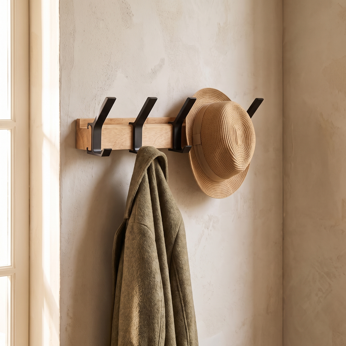 Close view of one black double hook holding a coat and a hat