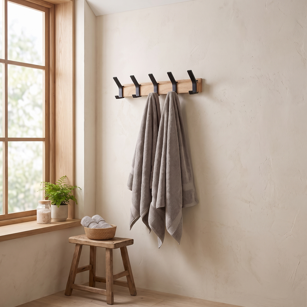 Rubberwood coat rack on a bathroom wall holding two towels