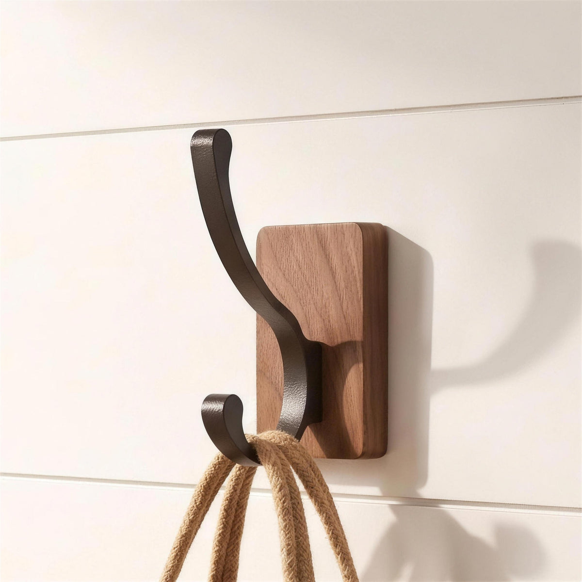 Walnut wall hook in Double Hook holding a woven bag on a white wall
