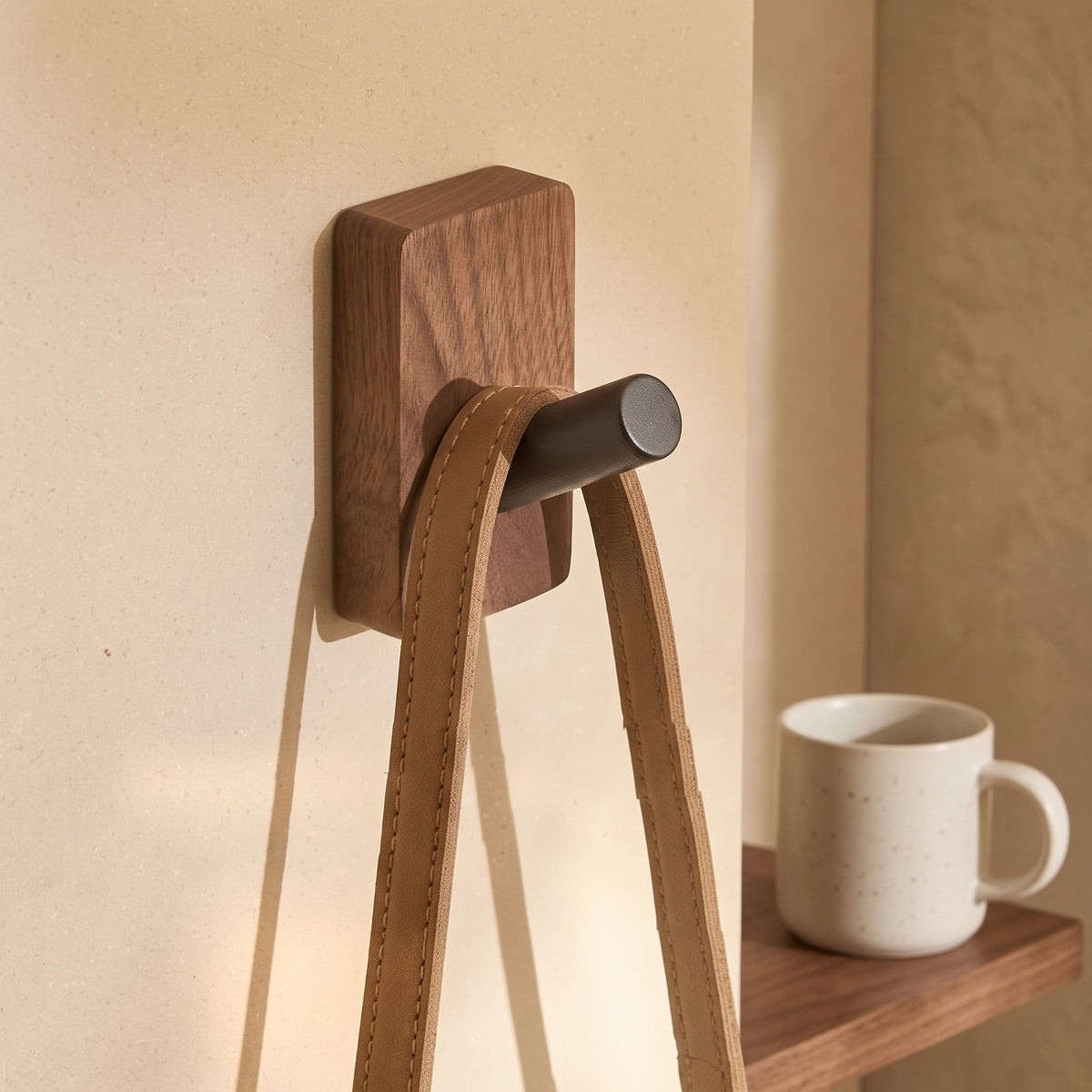 Walnut Peg wall hook holding a leather bag strap in an entryway