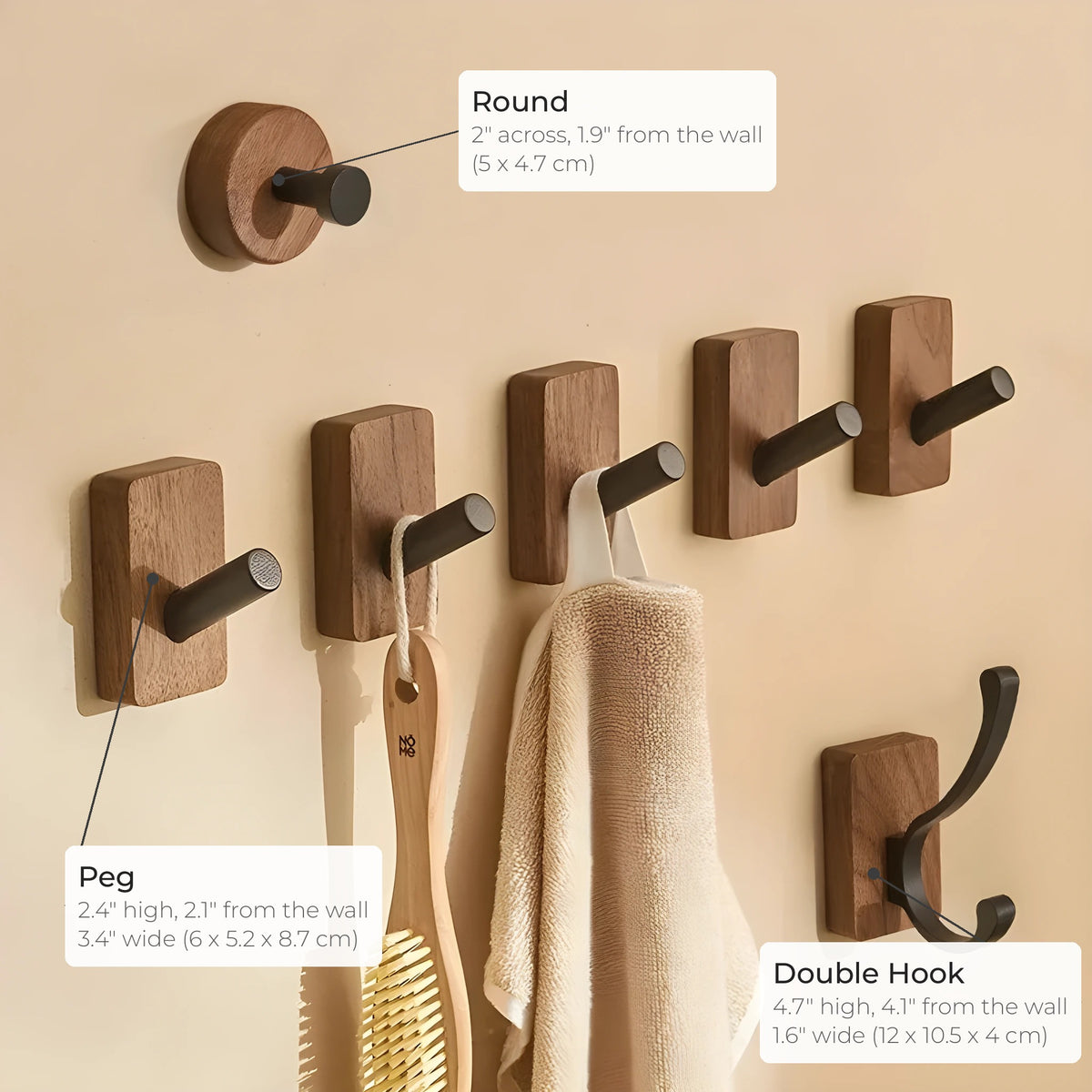 Walnut wall hook sizes: Round 2 in across and 1.9 in from the wall, Peg 2.4 in high and 2.1 in from the wall, Double Hook 4.7 in high and 4.1 in from the wall