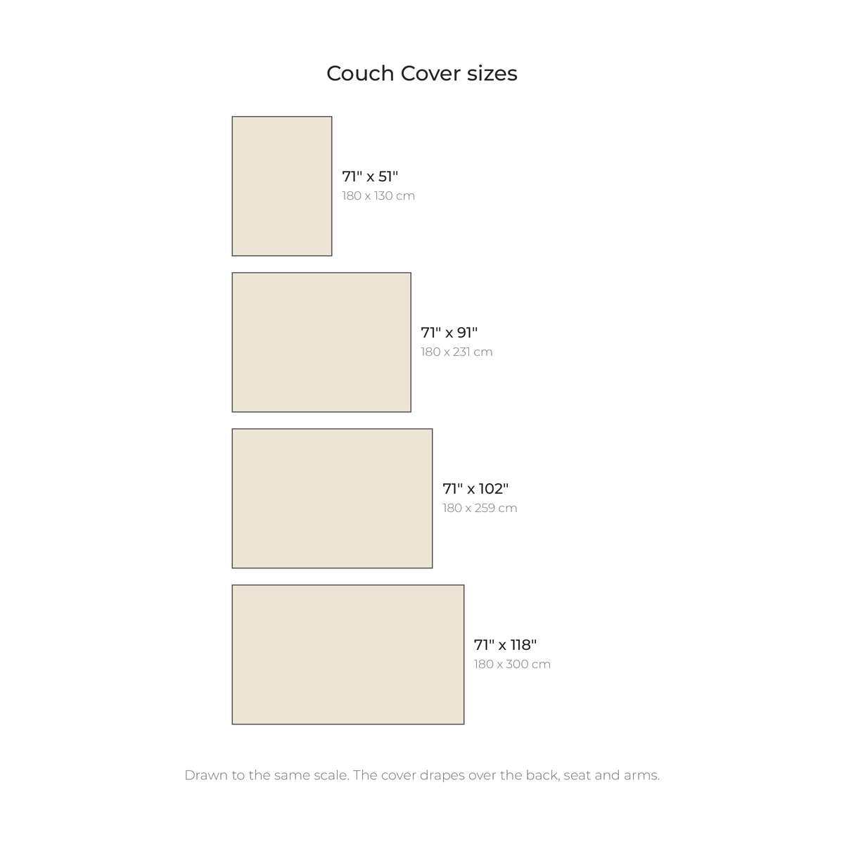 Couch Cover sizes drawn to scale with inches and centimeters
