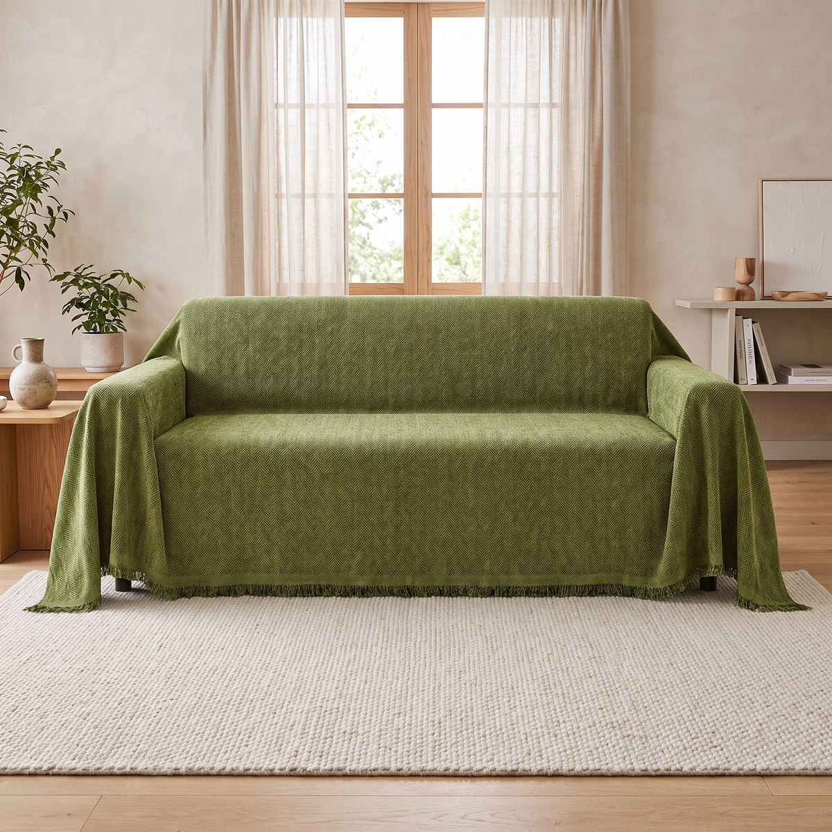 Couch Cover in Green on a sofa in a living room