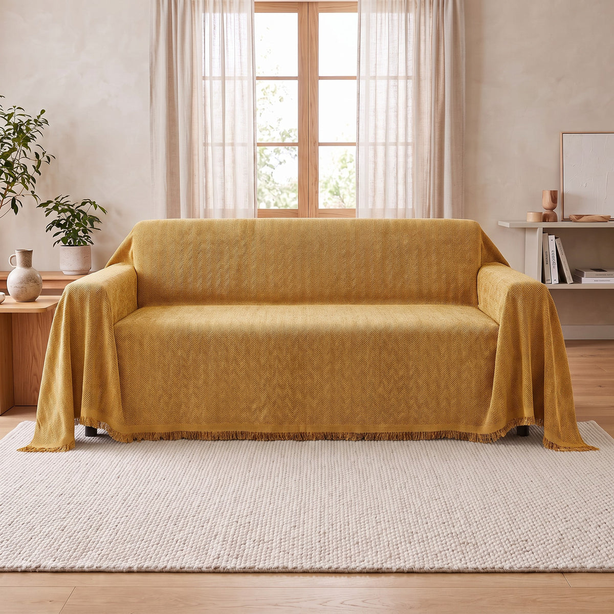 Couch Cover in Mustard on a sofa