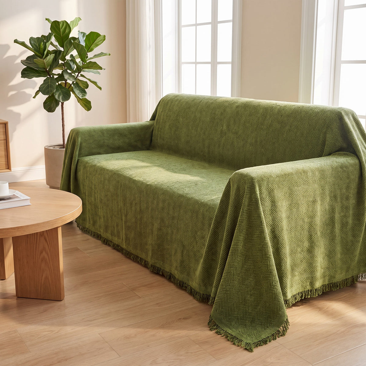 Couch Cover in Green on a sofa in a lived in room