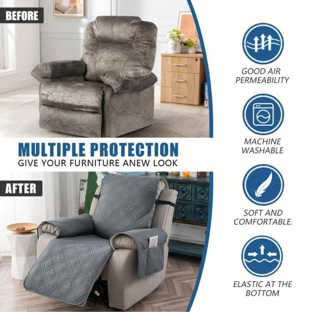 Before and after views of a recliner with callouts for breathable fabric, machine washing, a soft surface and an elastic bottom