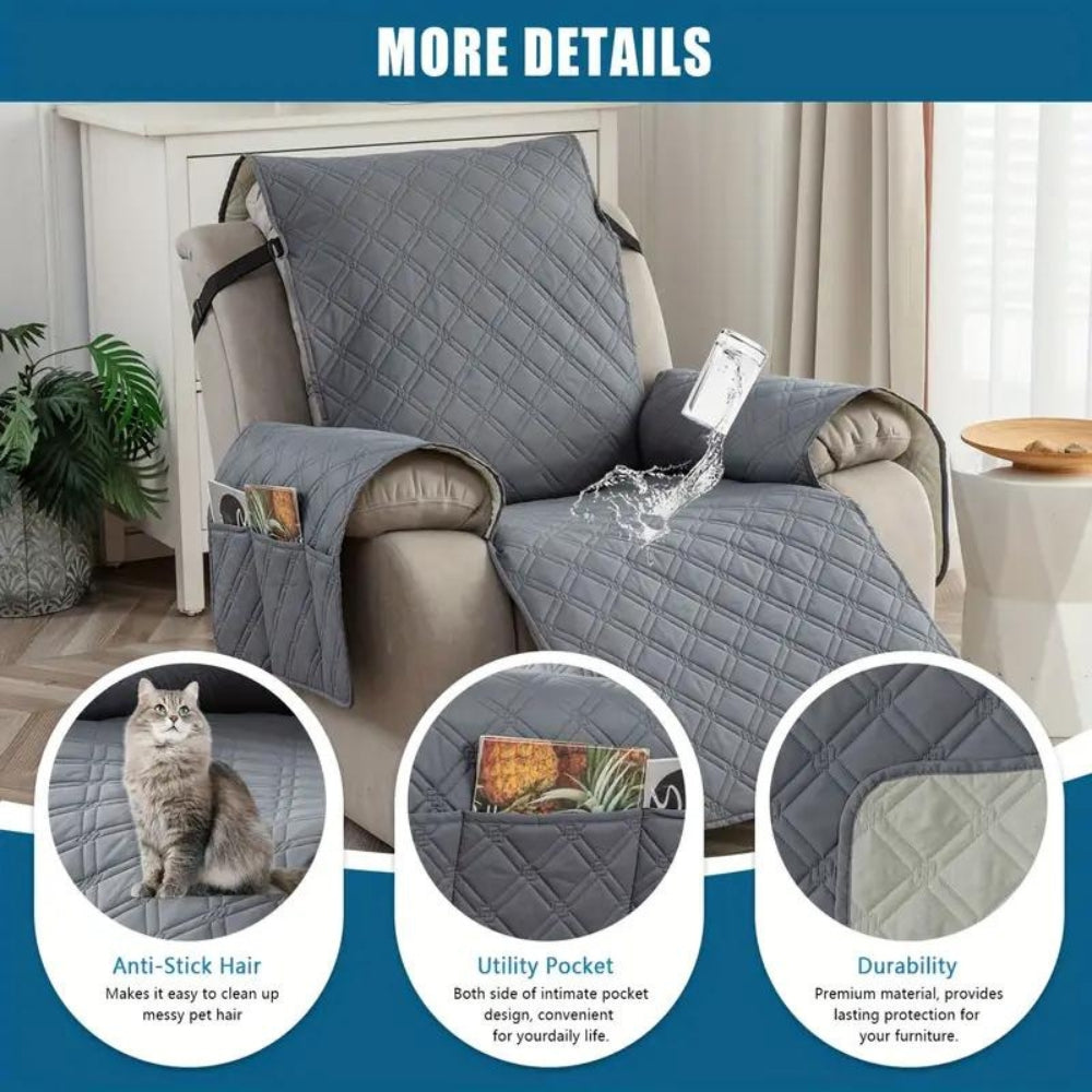 Gray recliner cover with callouts for easy pet hair cleanup, the side pocket and durable fabric