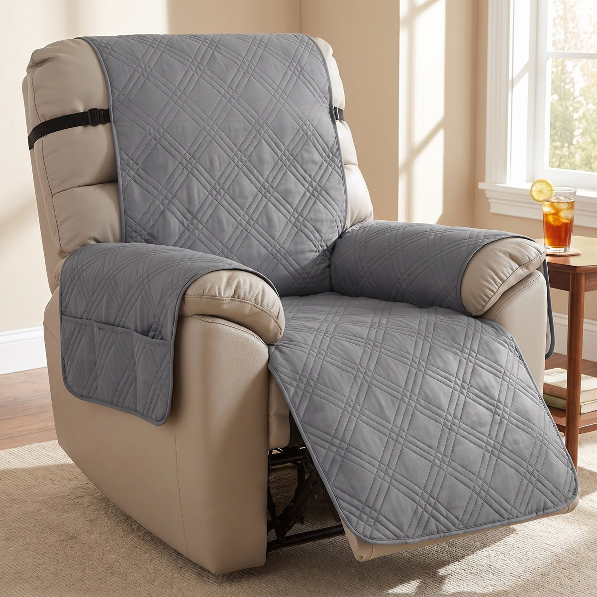 Recliner Cover in Dark Gray on a recliner, spills stay on top