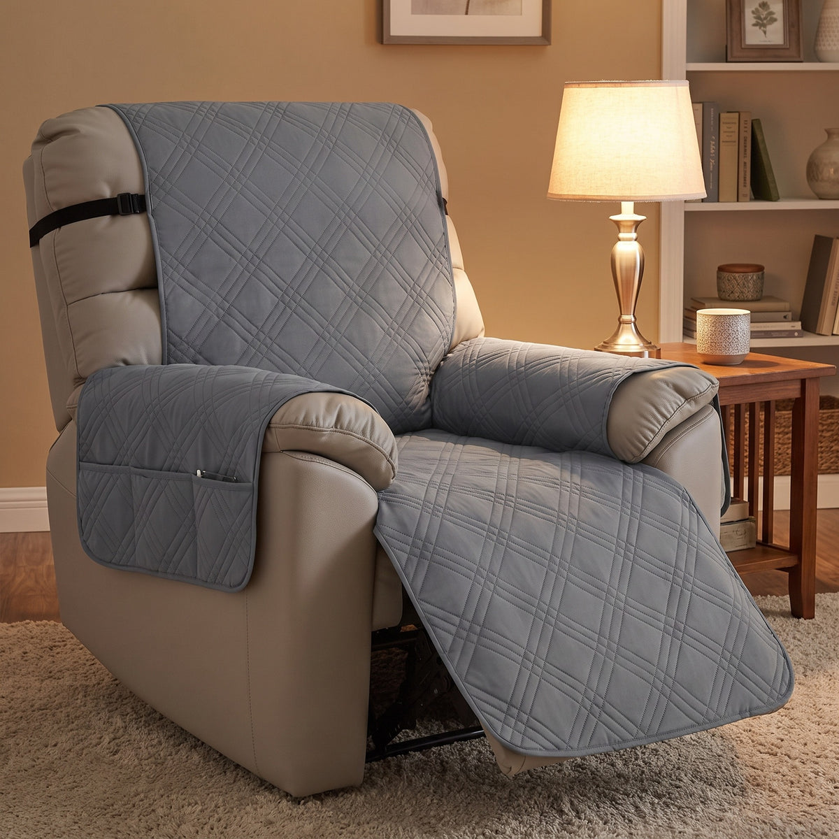 Recliner Cover in Dark Gray on a recliner, straps hold it steady