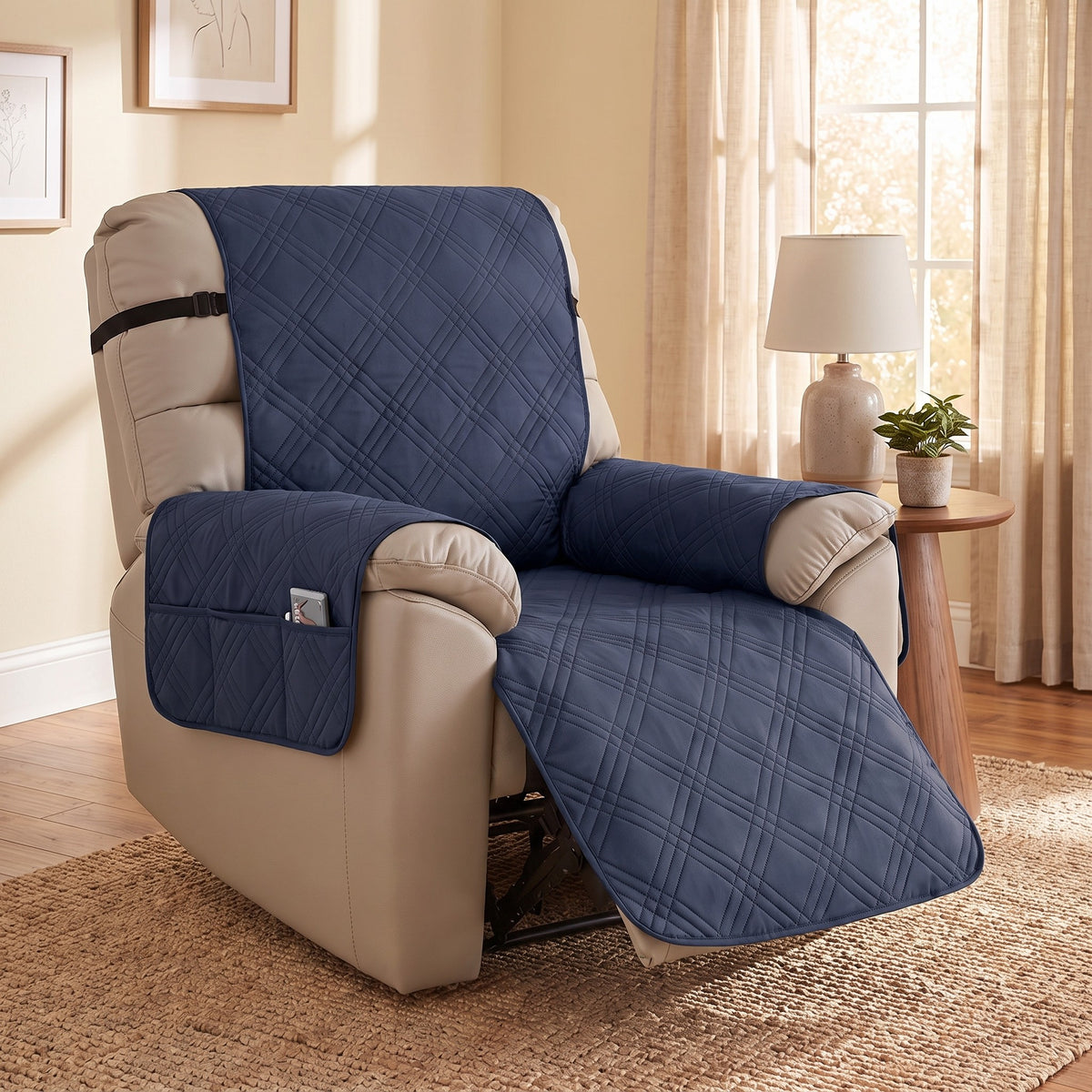 Recliner Cover in Navy Blue on a recliner