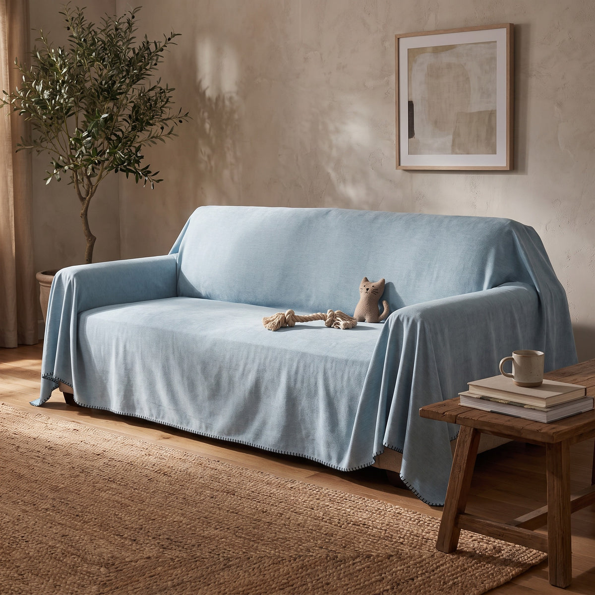 Waterproof sofa cover on a sofa with pet toys on the seat