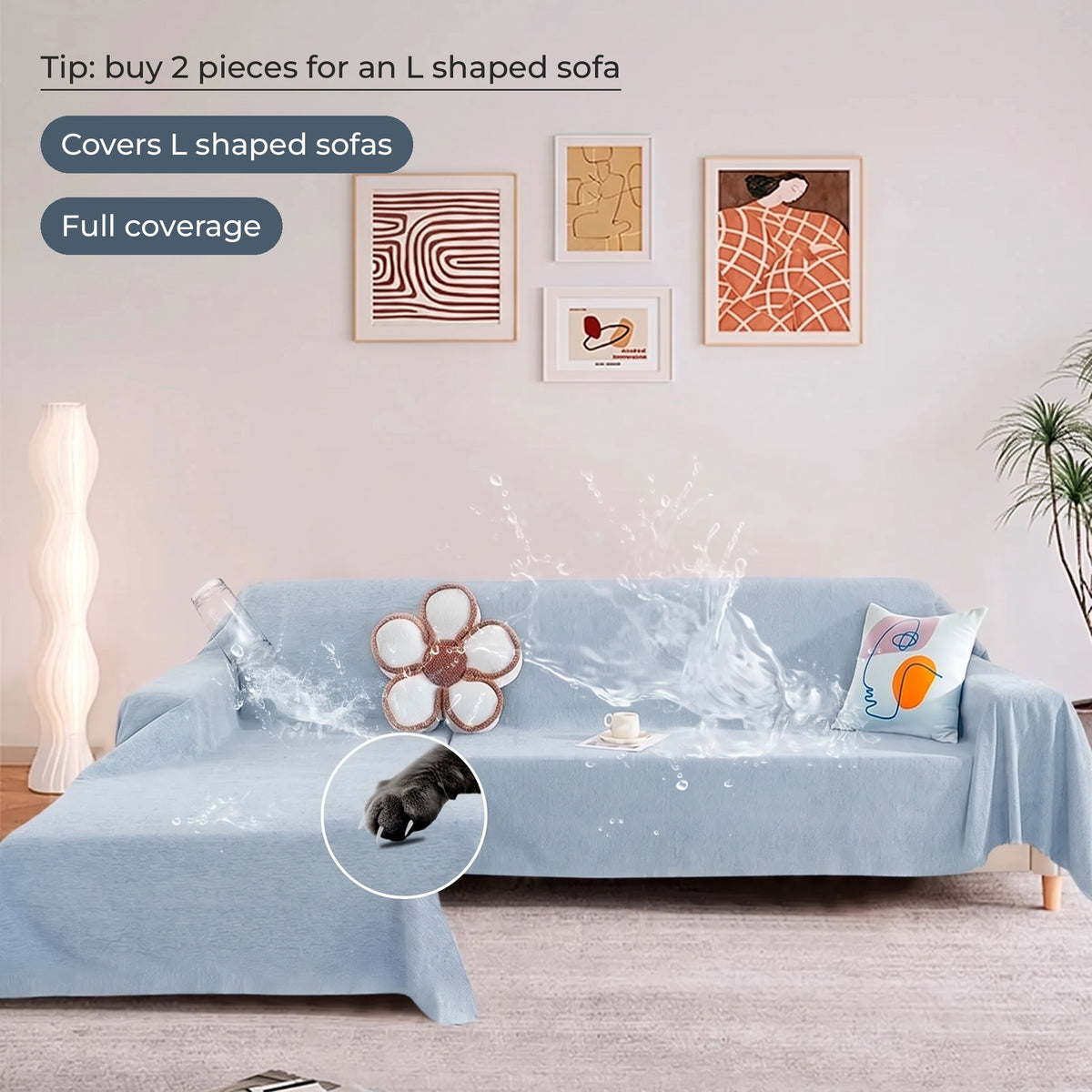 Two waterproof sofa covers on an L shaped sofa