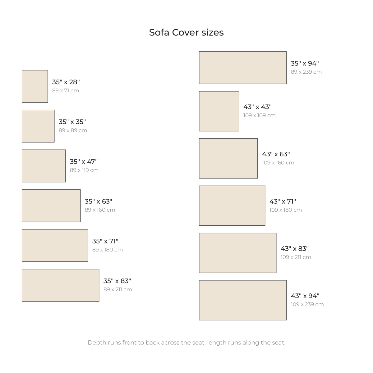 Sofa Cover sizes drawn to scale with inches and centimeters
