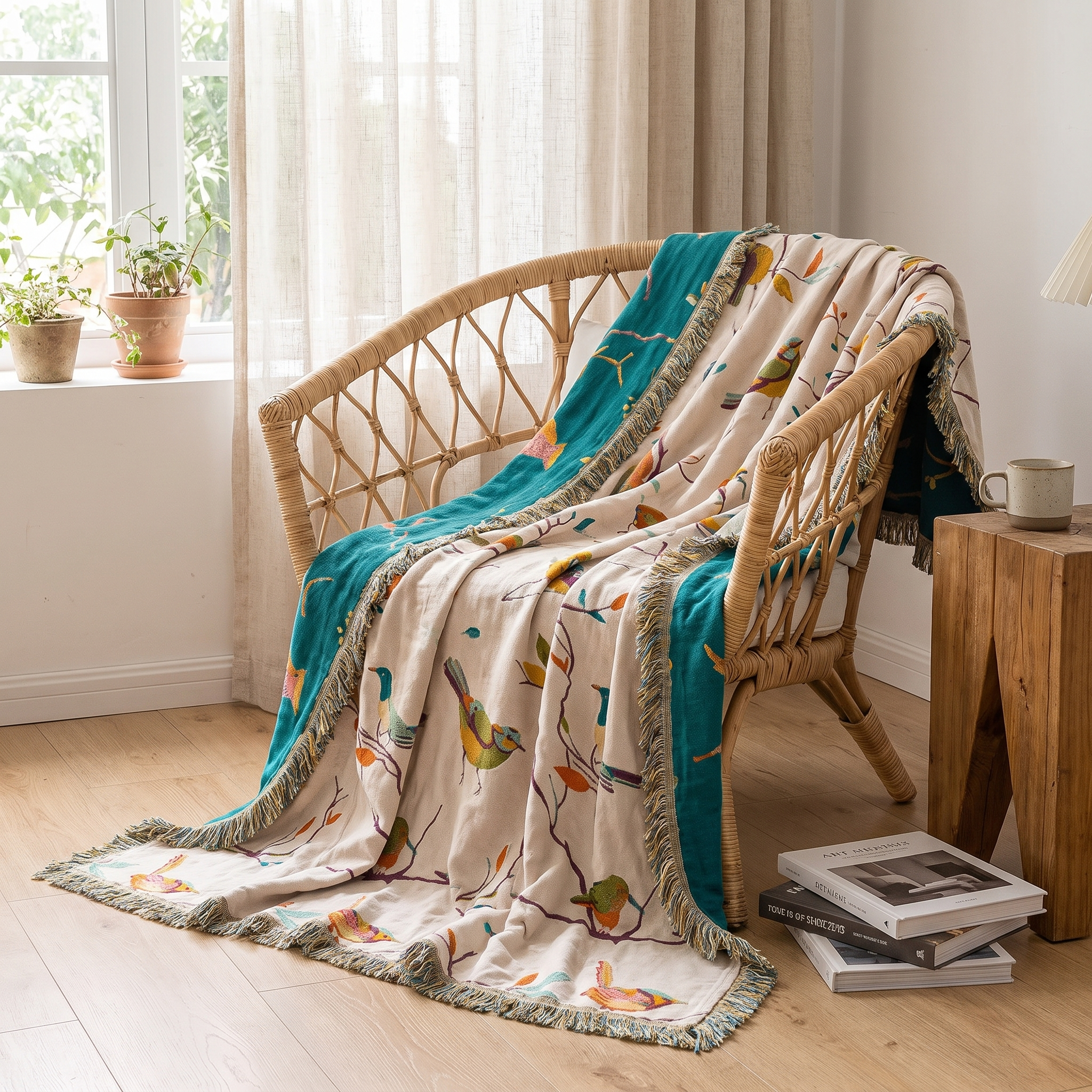 Whimsical Bird Tassel Cotton Blanket, Boho Queen