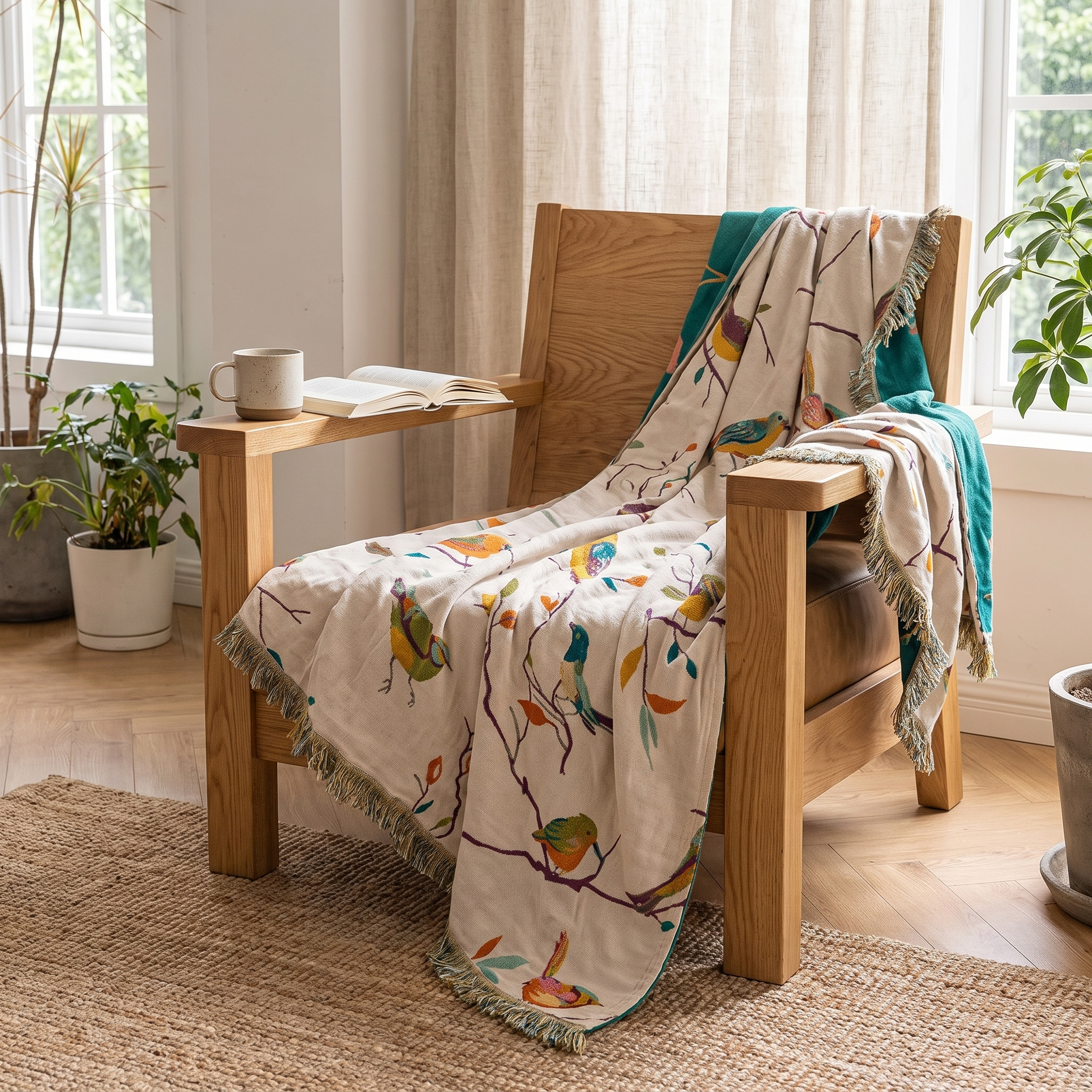 Whimsical Bird Tassel Cotton Blanket, Boho Queen