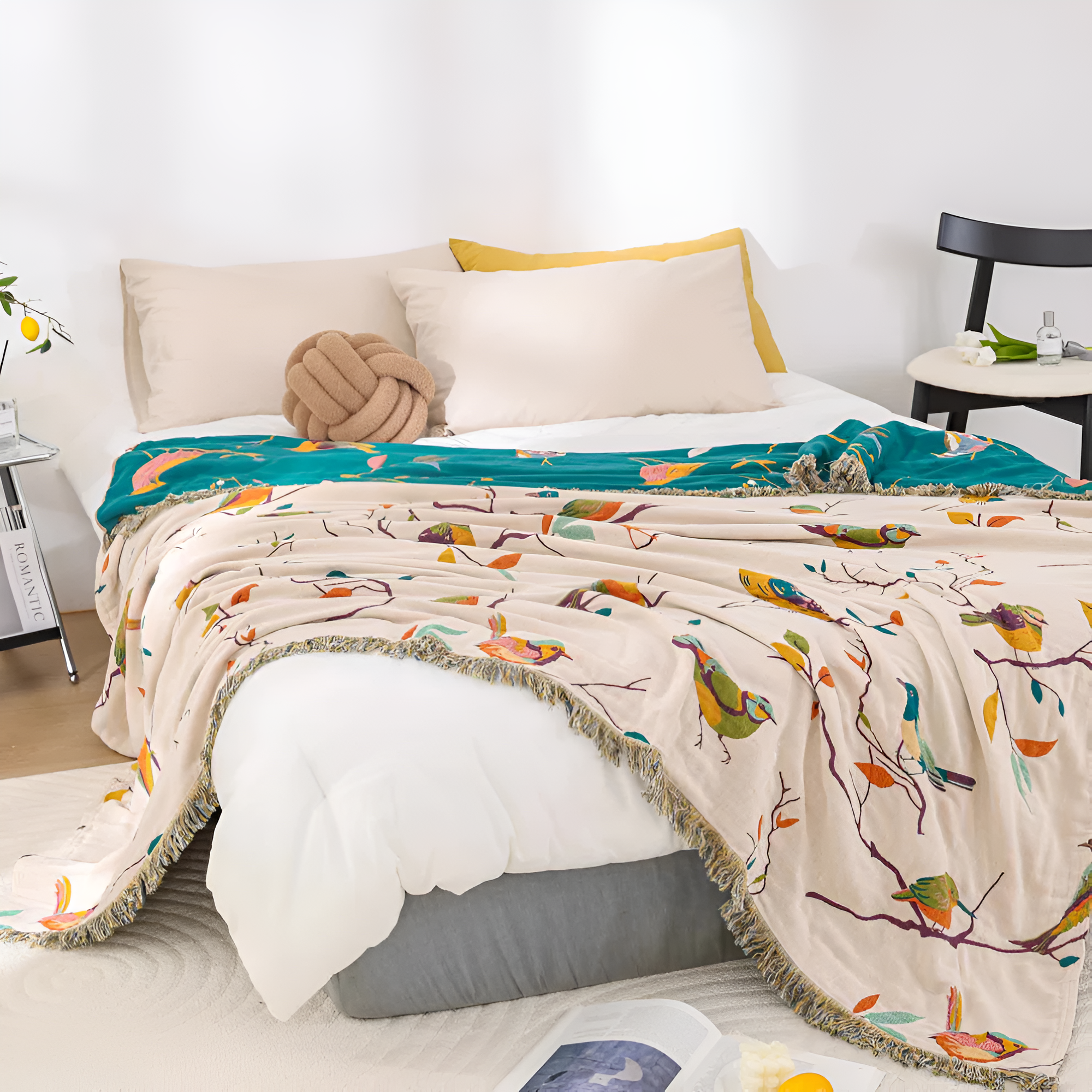 Whimsical Bird Tassel Cotton Blanket, Boho Queen