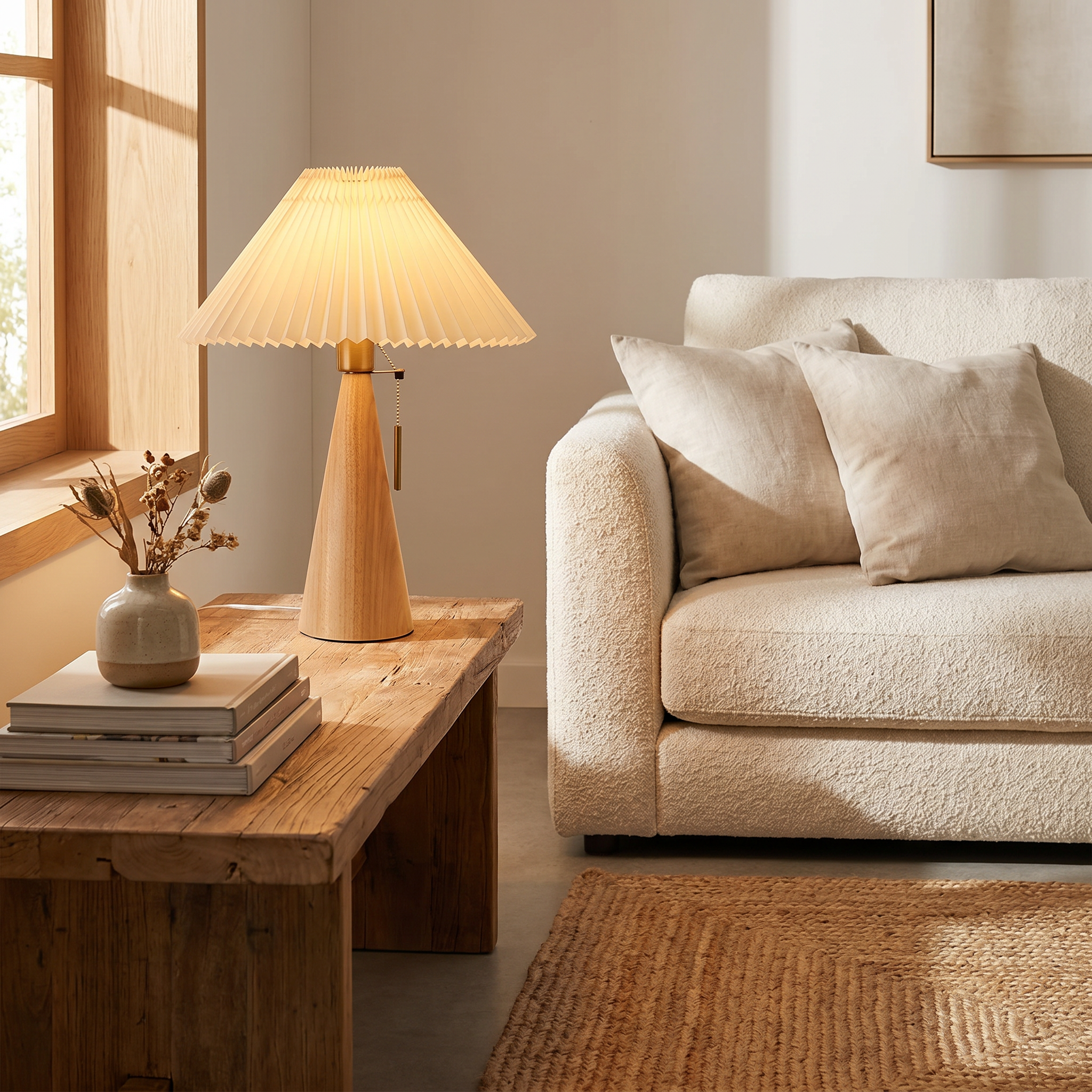 Wooden Fabric Table Lamp, E26, Light Brown or Walnut, 3 Light Color Options