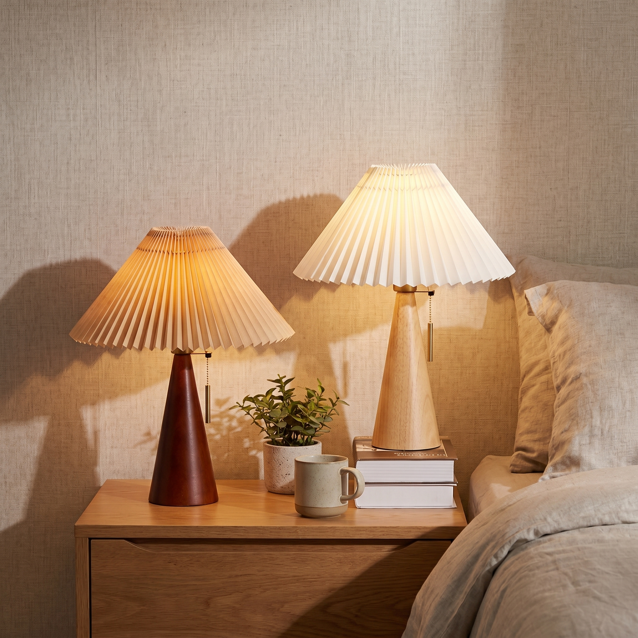 Wooden Fabric Table Lamp, E26, Light Brown or Walnut, 3 Light Color Options