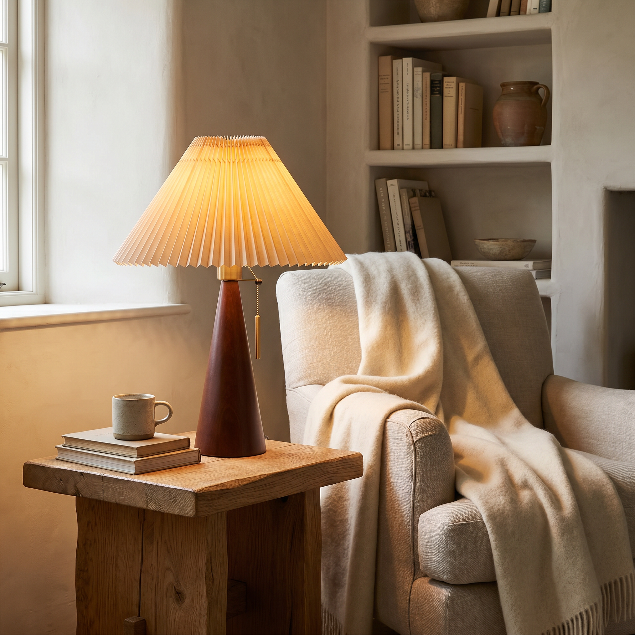 Wooden Fabric Table Lamp, E26, Light Brown or Walnut, 3 Light Color Options