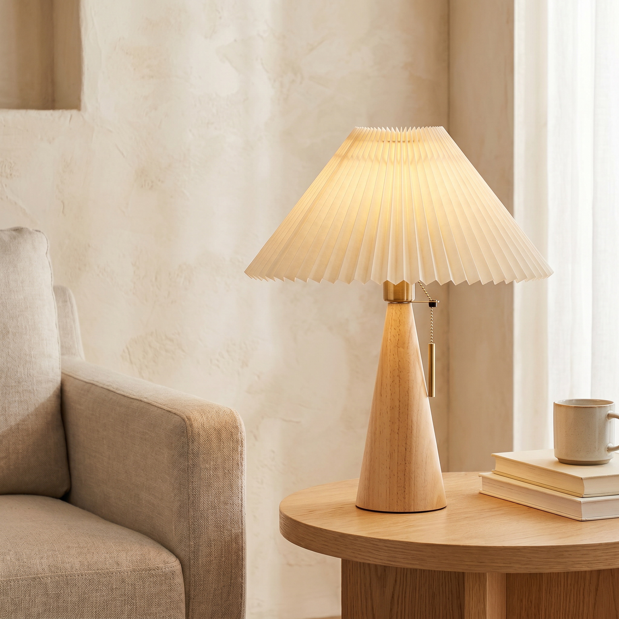Wooden Fabric Table Lamp, E26, Light Brown or Walnut, 3 Light Color Options