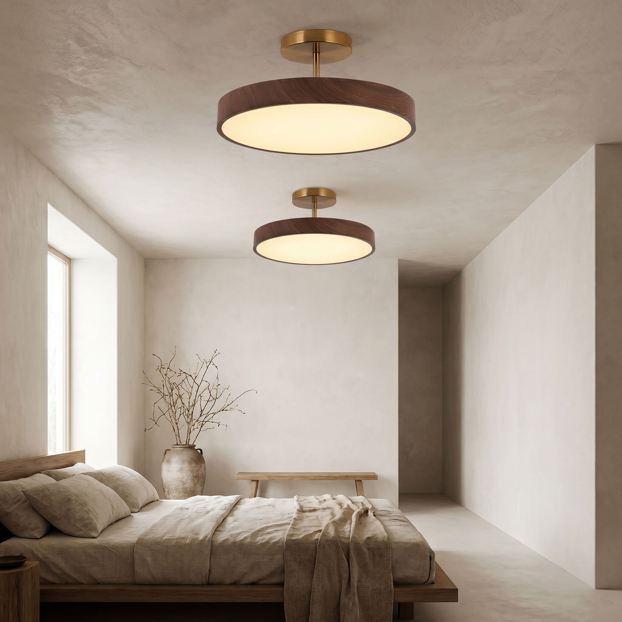 Wood Grain Round LED Semi-Flush Mount, Iron, Three Sizes, 3000K or Dimmable