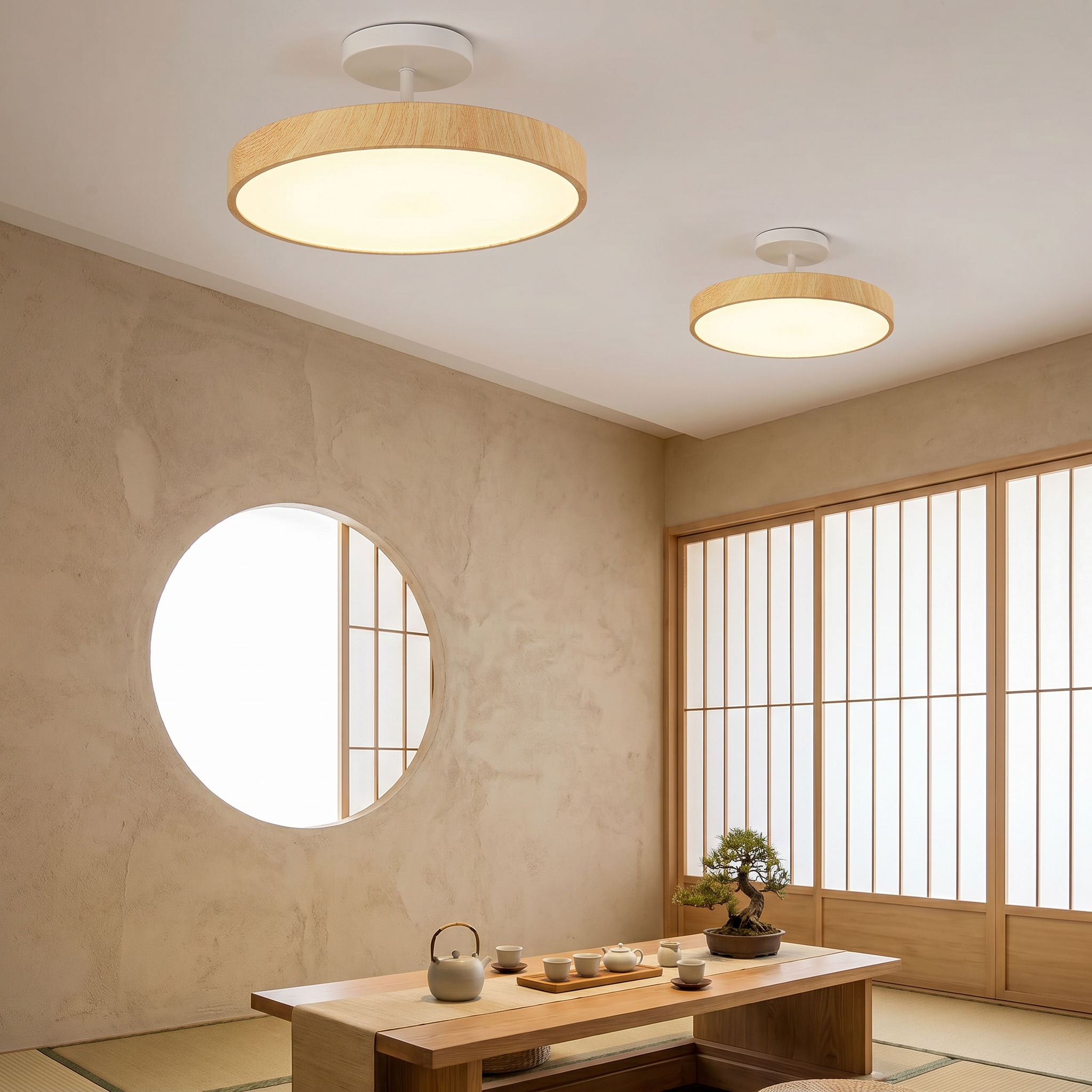 Wood Grain Round LED Semi-Flush Mount, Iron, Three Sizes, 3000K or Dimmable