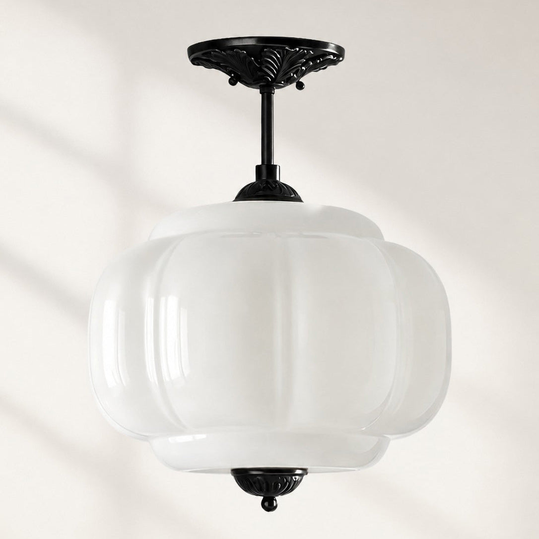 Scallop Milk Glass Pumpkin Pendant, Semi-Flush