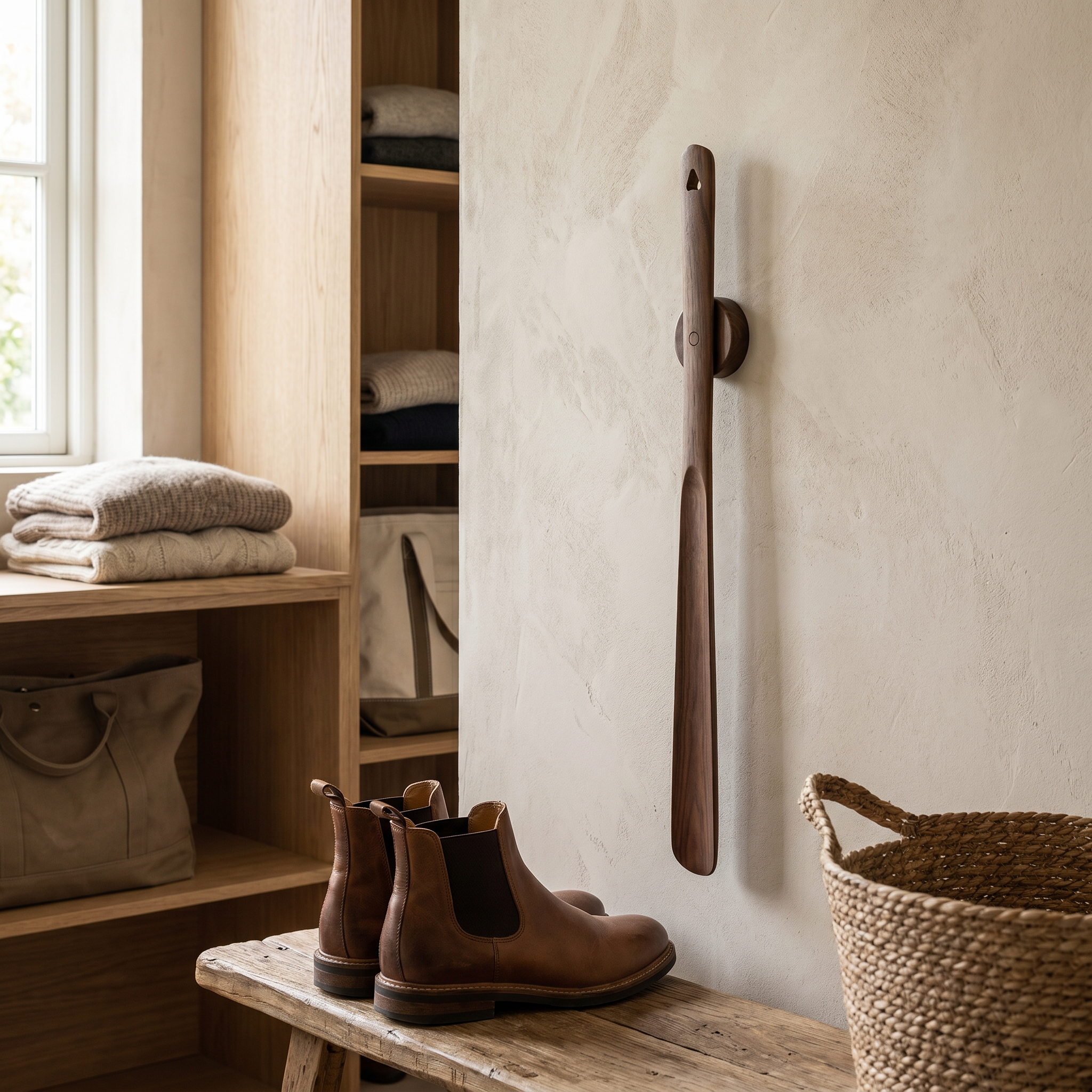 Walnut Magnetic Shoehorn, 50 cm Handle, Wall Mount, Heel Protection