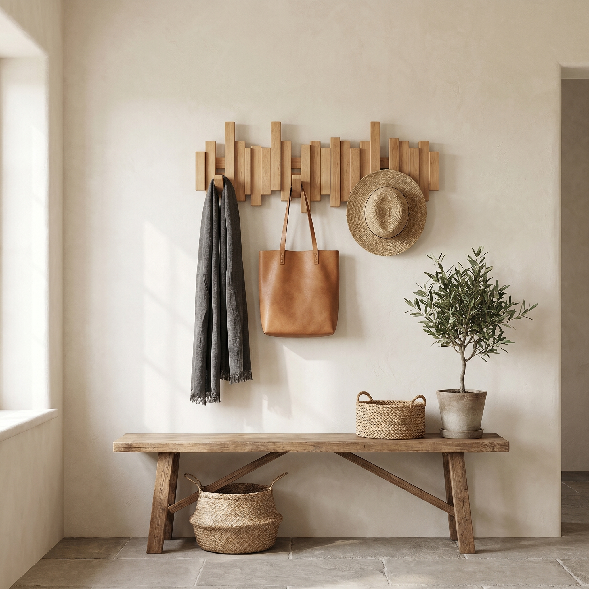 Wooden Wall Coat Rack, Magnetic Foldable Hooks, Keyhole Mount, Four Sizes