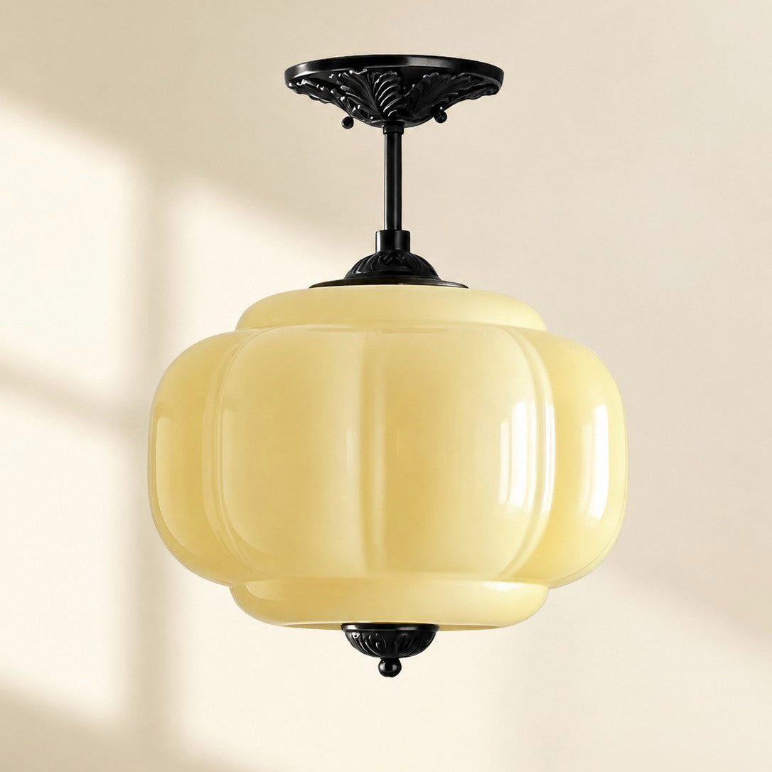 Scallop Milk Glass Pumpkin Pendant, Semi-Flush