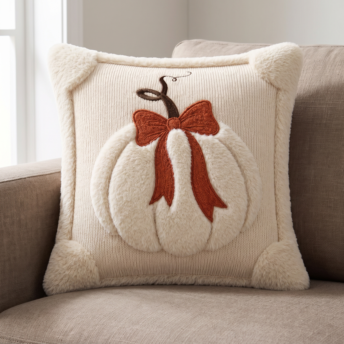 Ylva tufted pumpkin pillow cover in cream with a rust bow on a taupe linen sofa