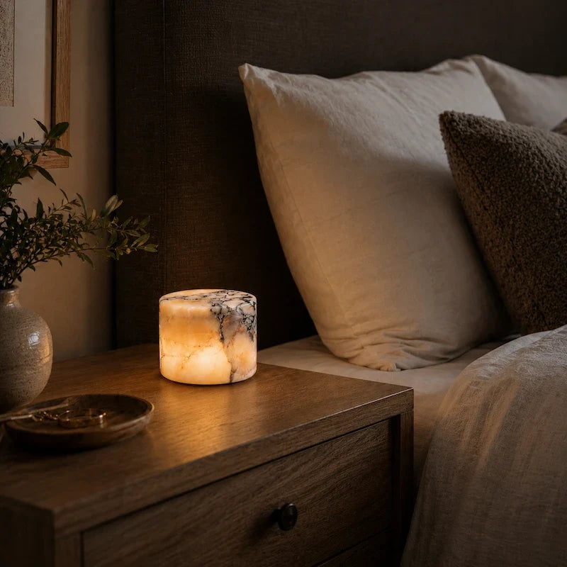 Ystad marble lamp glowing on a wood nightstand beside a bed