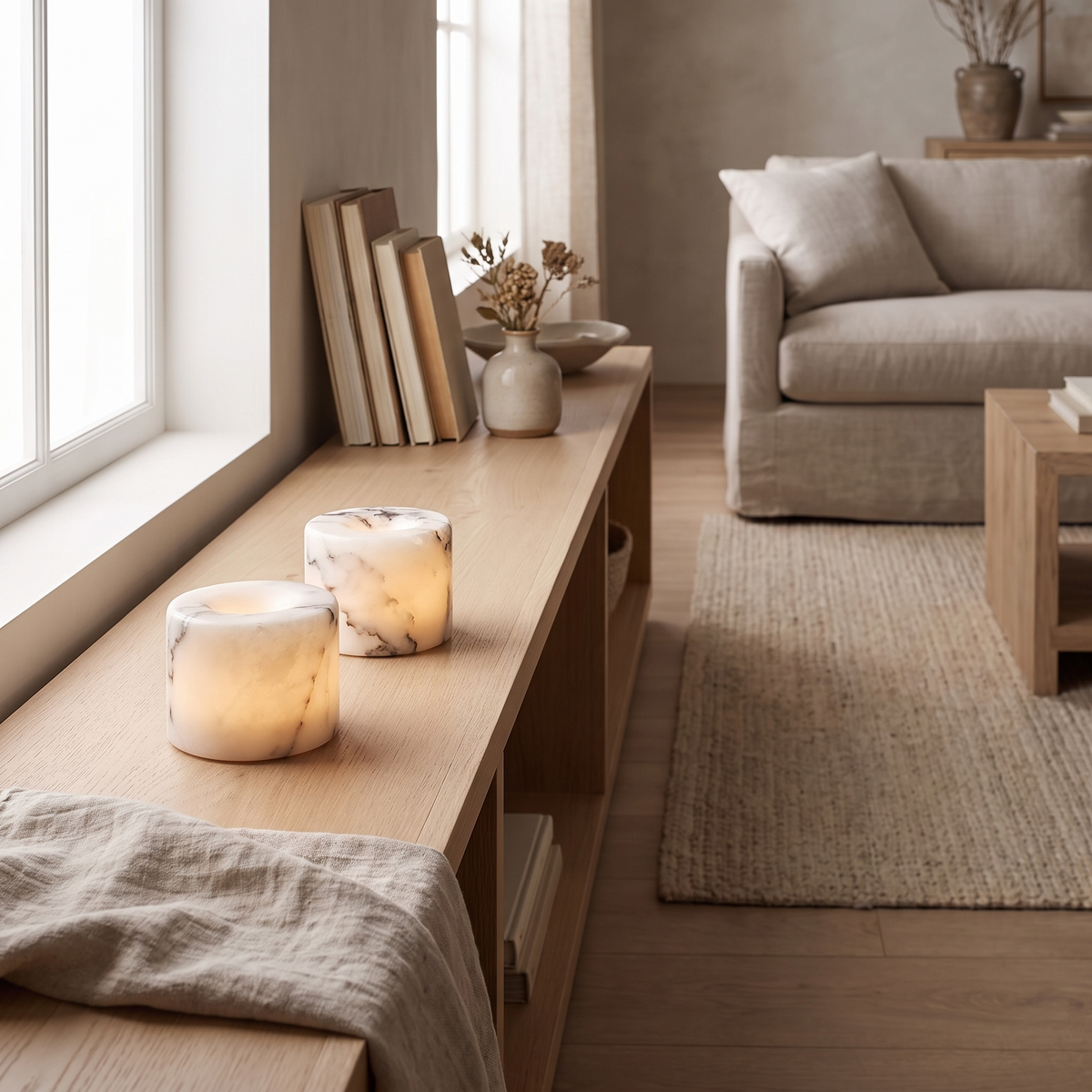 Two Ystad marble lamps glowing on an oak shelf
