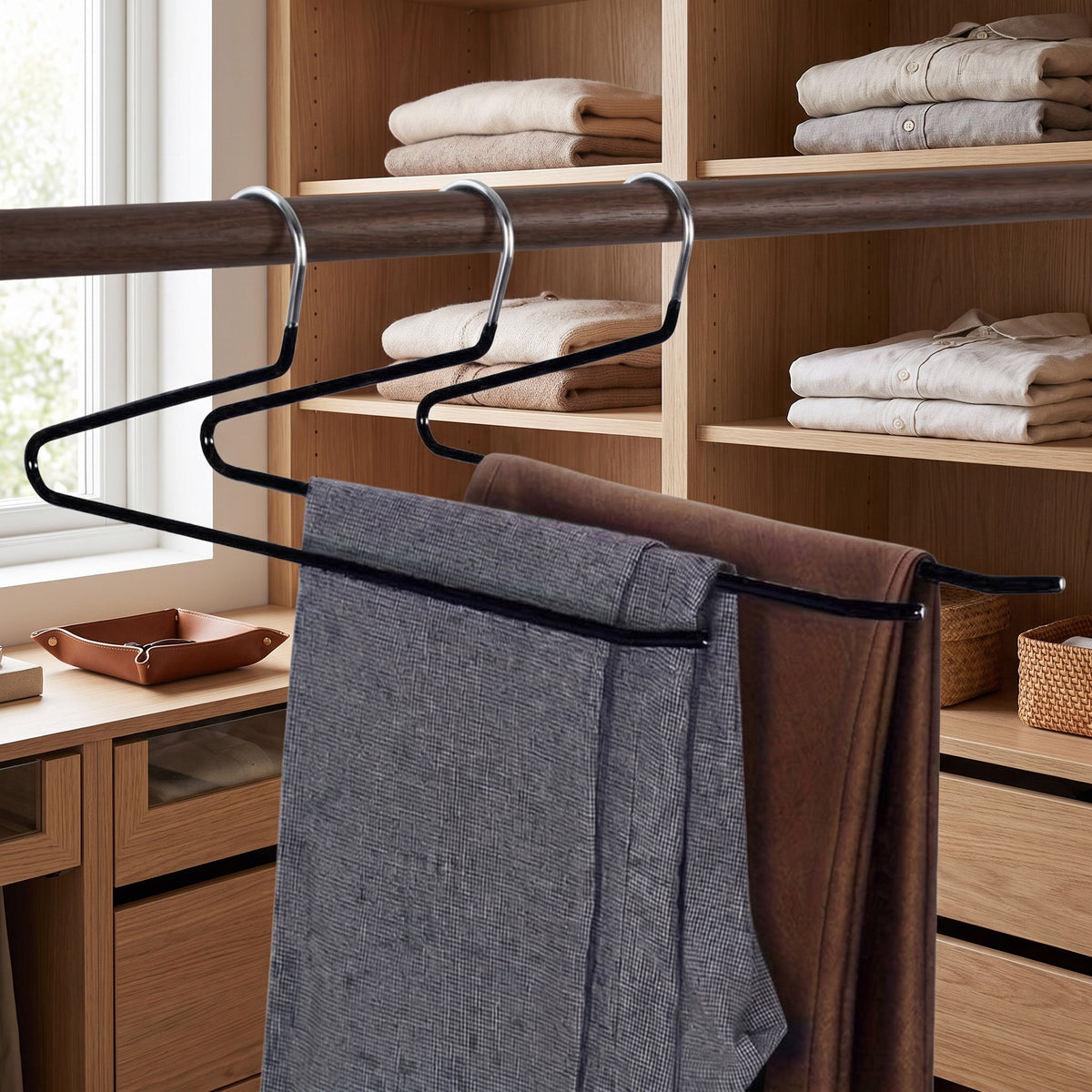 Three jet black Z shape pants hangers on a walnut closet rod holding gray and brown trousers